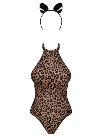 Эротический костюм леопарда Obsessive Leocatia teddy L/XL, боди, обруч с ушками || 
