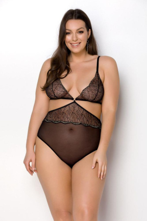 Боди Passion Amberly Body 6XL/7XL black, ассиметричный крой, кружевной лиф, золотая нить