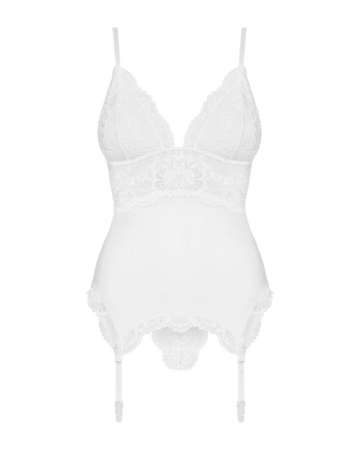 Сатиновый кружевной корсет Obsessive 810-COR-2 babydoll & thong S/M, белый, корсет, танга || 