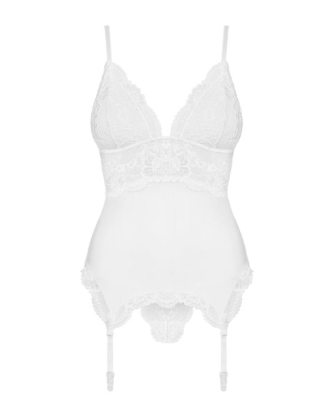 Сатиновый кружевной корсет Obsessive 810-COR-2 babydoll & thong S/M, белый, корсет, танга