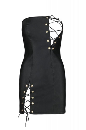 Мини-платье из экокожи Passion Celine Chemise 6XL/7XL black, шнуровка, трусики в комплекте || 