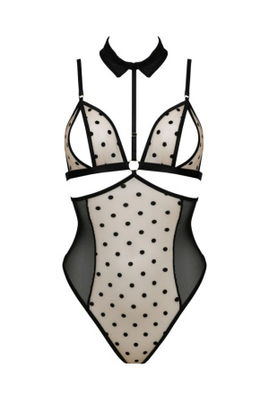 Боди с открытой грудью Passion DOMINICA BODY S/M beige, воротник-чокер, корсет || 