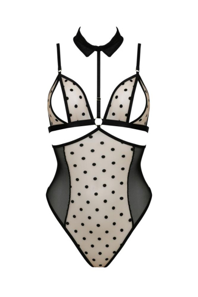 Боди с открытой грудью Passion DOMINICA BODY S/M beige, воротник-чокер, корсет