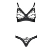 Комплект из экокожи Celine Bikini black L/XL — Passion: открытый бра с лентами, стринги со шнуровкой || 