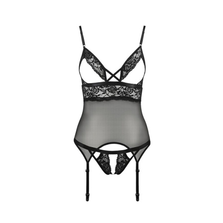 Корсет с открытой грудью DIABOLINA CORSET black L/XL - Passion, пажи, трусики, полупрозрачный || 