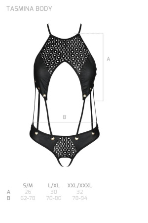 Боди с открытым доступом Passion TASMINA BODY L/XL black, экокожа, шнуровки, ажурные кружева || 