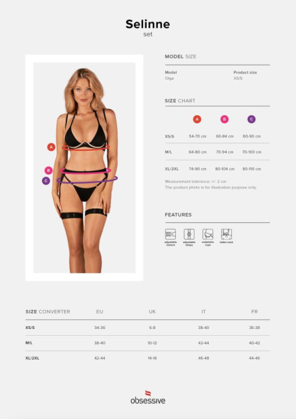 Комплект белья Obsessive Selinne 3-pcs set XL/2XL Black, бюстгальтер, стринги пояс для чулок