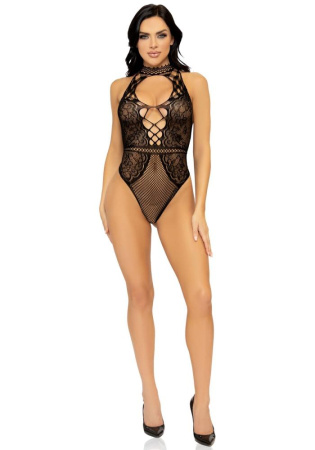 Leg Avenue Net and lace halter bodysuit OS Black || 