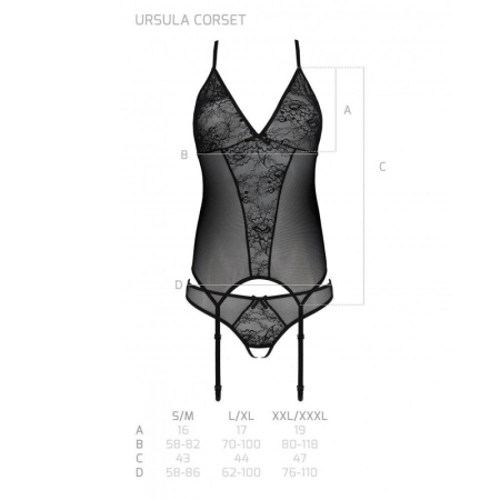 Корсет с пажами, трусики с ажурным декором и открытым шагом Ursula Corset black XXL/XXXL — Passion || 