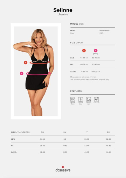 Сорочка Obsessive Selinne chemise & thong XL/2XL Black, стринги, двойные бретели