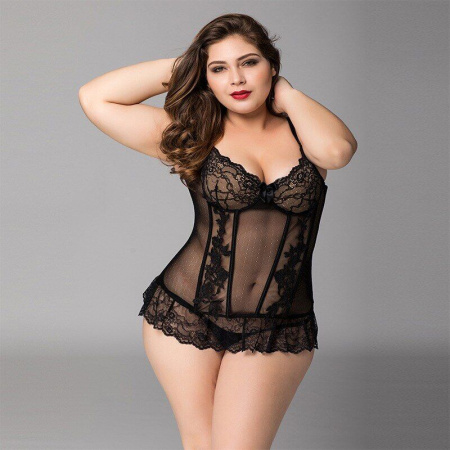 Кружевной корсет JSY «Сексуальная Белла» Plus Size Black, мелкая сетка, гипюр, чашки с косточками || 