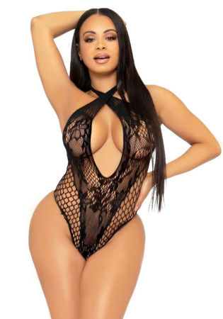 Кружевное тедди Leg Avenue Lace and net halter teddy One size Black, глубокий вырез, халтер || 