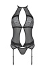 Корсет с пажами Passion SATARA CORSET XXL/XXXL black, стринги, кружево, застежки спереди и сзади || 