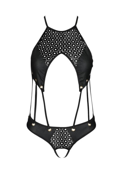 Боди с открытым доступом Passion TASMINA BODY L/XL black, экокожа, шнуровки, ажурные кружева