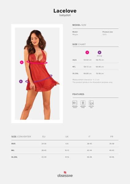 Прозрачная сорочка бэби-долл Obsessive Lacelove babydoll & thong XS/S Red, кружево, стринги