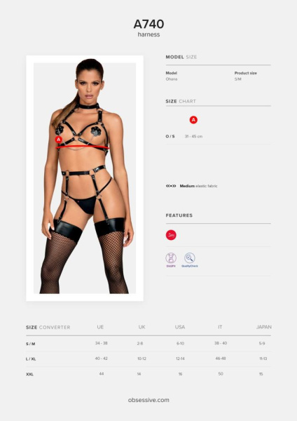 Портупея на грудь Obsessive A740 harness black O/S, искусственная кожа