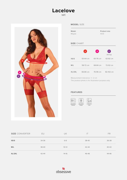Комплект белья Obsessive Lacelove cupless 3-pcs set XL/2XL Red, бюстгальтер, стринги, пояс для чулок