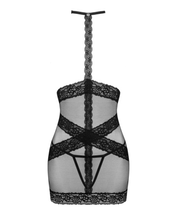 Полупрозрачная сорочка с открытой грудью Obsessive Lacrisia chemise M/L, черная, с чокером || 
