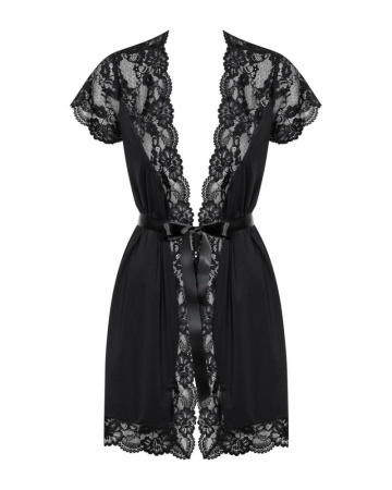 Сатиновый открытый пеньюар на поясе Obsessive 810-PEI–1 peignoir black L/XL, черный || 