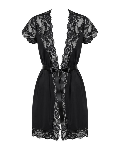 Сатиновый открытый пеньюар на поясе Obsessive 810-PEI–1 peignoir black L/XL, черный