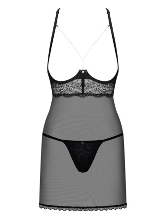 Прозрачная сорочка с открытой грудью Obsessive Pearlove chemise & thong black S/M, трусики || 