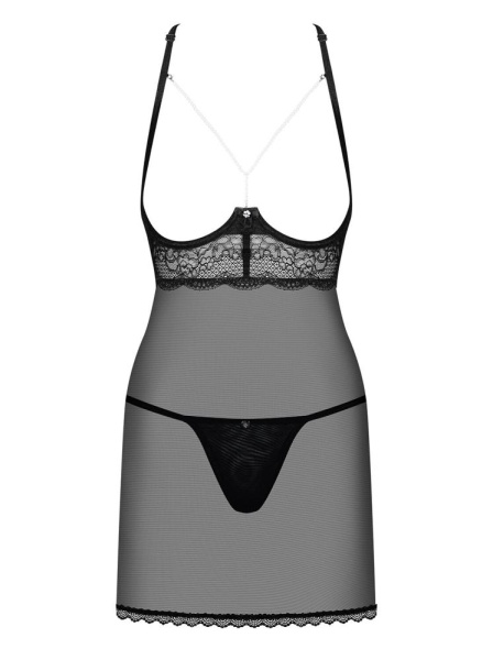 Прозрачная сорочка с открытой грудью Obsessive Pearlove chemise & thong black S/M, трусики