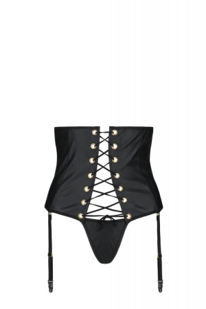 Пояс-корсет из экокожи Passion Celine Set with Open Bra 4XL/5XL black, шнуровка, пажи, стринги || 