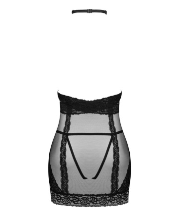 Полупрозрачная сорочка с открытой грудью Obsessive Lacrisia chemise M/L, черная, с чокером || 