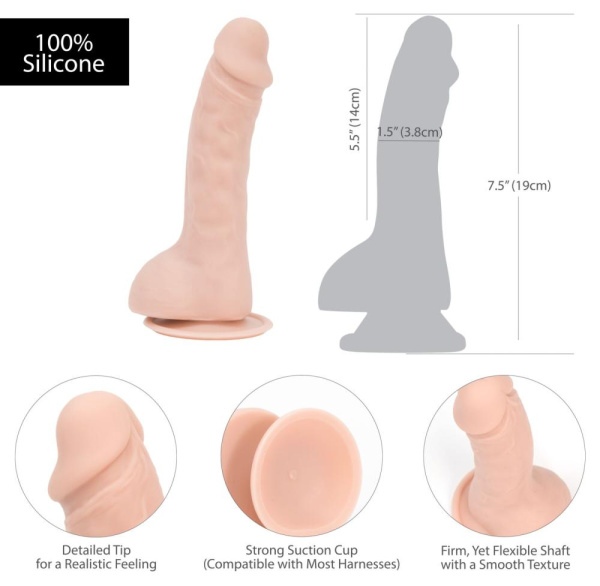 Изогнутый фаллоимитатор на присоске ADDICTION — BRAD 7,5″ Dildo With Balls, Beige